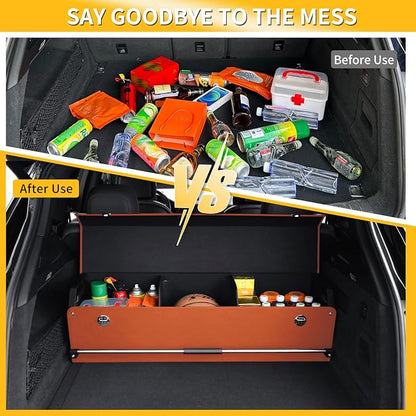 Car Trunk Organizer, Collapsible Sturdy Trunk Storage Container with Lid and Handle Large Leather Car Trunk Storage (Orange, 39.7 x 11.4 x 12.2in)