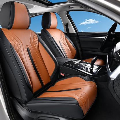 Huidasource Car Seat Covers Full Set, Universal Fit for Most Cars SUV Trucks, Full Coverage Nappa Leather Seat Cover, Airbag, Cupholder Compatible, Velcro Adjustable,Seat Function Retain, Black&Brown