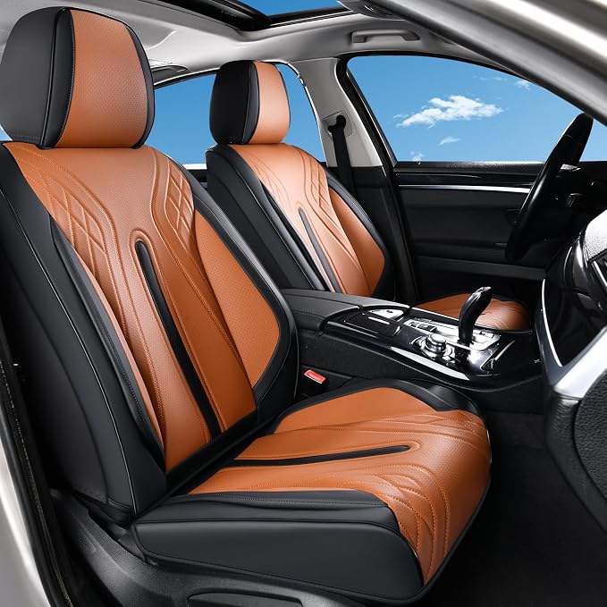 Huidasource Black Brown Front Seat Covers, Universal Fit for Most Cars SUV Trucks, Full Coverage Nappa Leather Seat Cover, Airbag, Velcro Adjustable, Seat Function Retain
