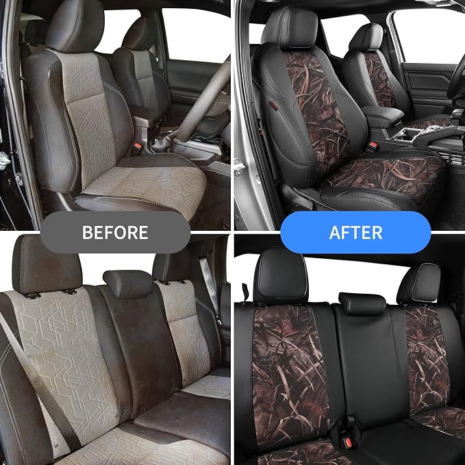 EKR Tacoma Leather Car Seat Covers Custom Fit for Toyota Tacoma 2012 2013 2014 2015 (Regular Seats) - Truck Seat Covers Full Set,Faux Leather(Black/Reed Camo)