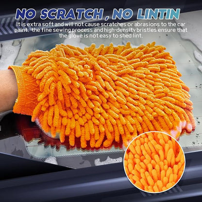 wuyaoyao 2PCS Car Wash Mitt, 10.14"×7.12" Chenille Microfiber Car Wash Mitts, Scratch-Free & Lint-Free, Absorbent Double Sided Clean Glove for Cars Cleaning, Auto Cleaning Supplies (Orange)