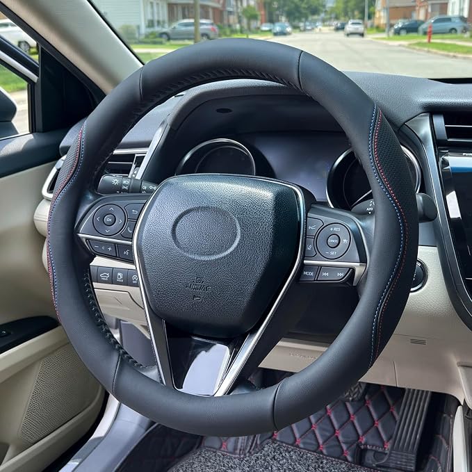 Steering Wheel Cover Universal Standard Size 14.5-15 inch, Breathable Microfiber Leather, Anti-Slip, Soft Grip, Sporty Design, Fits for Cars SUVs Trucks, Black with Red Blue Line