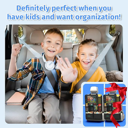 Plzpik Car Backseat Organizer with Tablet Holder,11 Storage Pockets with Foldable Food Tray, Protector Kick Mats for Kids, Travel Accessories Organizer (Black, 2-Pack)
