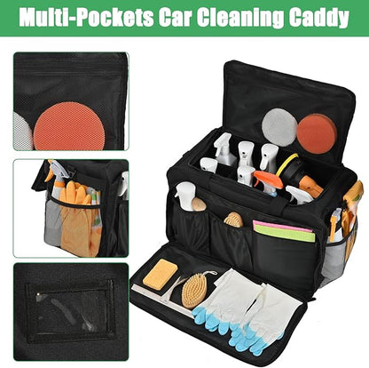 Large Car Detailing Bag, Cleaning Caddy with Lid and Handle for Auto Detailing Supplies, Car Cleaning Storage Trunk Organizer for Polisher and Vehicle Wash Tools, Black