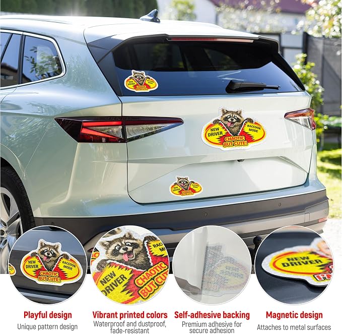 3 Pcs Reflective Student Driver Magnet and Stickers Set - Funny Animal New Driver Safety Signs for Car, Waterproof & Weatherproof High Visibility Vehicle Bumper Decals, Magnet + Stickers (Raccoon)