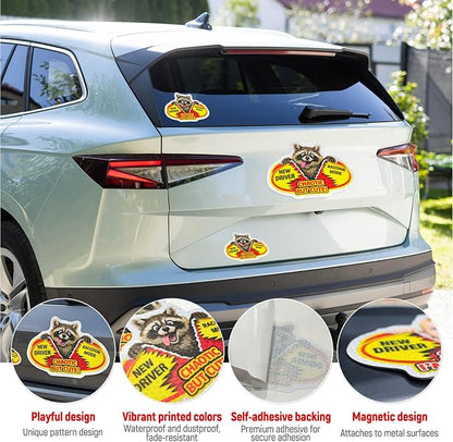 3 Pcs Reflective Student Driver Magnet and Stickers Set - Funny Animal New Driver Safety Signs for Car, Waterproof & Weatherproof High Visibility Vehicle Bumper Decals, Magnet + Stickers (Raccoon)