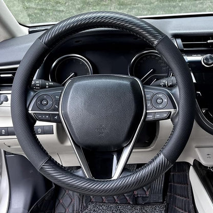 Steering Wheel Cover Standard Size 14.5-15 inch, Non-Slip Car Wheel Cover Protector, Non-Folding Packaging, Microfiber Leather, Black with Carbon Fiber