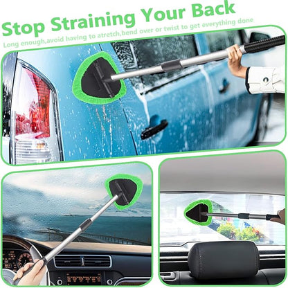 Car Windshield Cleaning Tools, Expandable Car Window Cleaner kit with 4 Reusable Microfiber Pads, Bottles, Windshield Cleaning Wand Tool, Auto Interior Dust Brush, for Trucks, SUVs, RVs etc