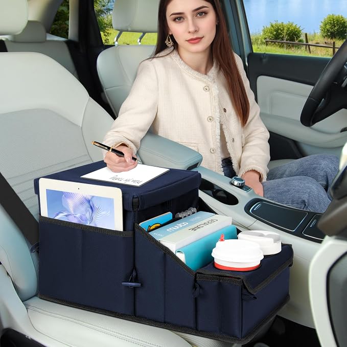 Car Hop Front Seat Organizer with Cup Holder, Movable Divider & Side Pockets, Passenger Seat Storage Caddy for Road Trip, Travel, Work or Kids, Blue