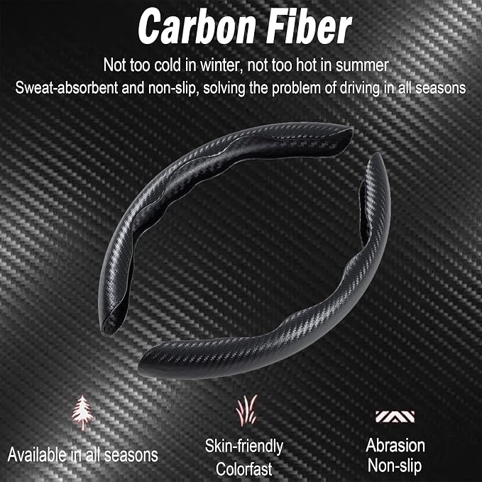 Carbon Fiber Steering Wheel Cover, 2-Piece Set Anti-Skid Comfortable Grip Segmented Butterfly Design, Easy Snap-On Installation Universal Fit 99% Cars, Black