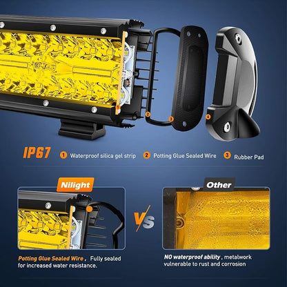 Nilight 20 Inch 420W LED Light Bar Yellow Triple Row Flood Spot Combo 42000LM Driving Boat Led Off Road Lights with 12V On/Off 5 16AWG Wiring Harness Kit, 2 Years Warranty