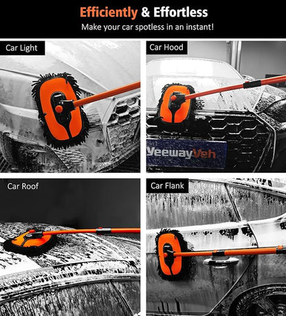 YeewayVeh Car Wash Brush, 43" Extendable Car Wash Brush Mop with Long Handle, 15 Degree Curved Soft Car Washing Brushes with Extra Microfiber Brush Head for Truck SUV Cleaning, Orange