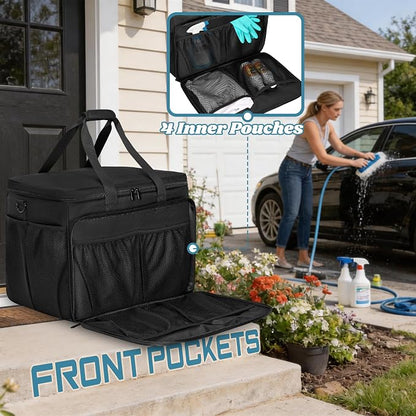 Large Car Detailing Organizer with Hard Pad Support, Car Detailing Bag with Multiple Pockets, Cleaning Bags for Housekeepers, Cleaning Supply Bag, Black