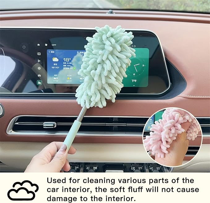 2PCS Car Interior Duster with Extension Pole, Microfiber Retractable Dusters Auto Dash Cleaning Tool, Soft Chenille Hand Washable Dusters for Vehicle Window Office Furniture (Light Green)