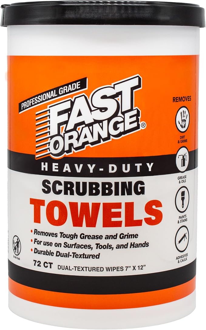 Fast Orange Heavy Duty Scrubbing Towels Removes Tough Grease, Grime, Paint, Resins, Glue and More, for Hands, Tools and Surfaces Without Sticky Residue, 72 ct