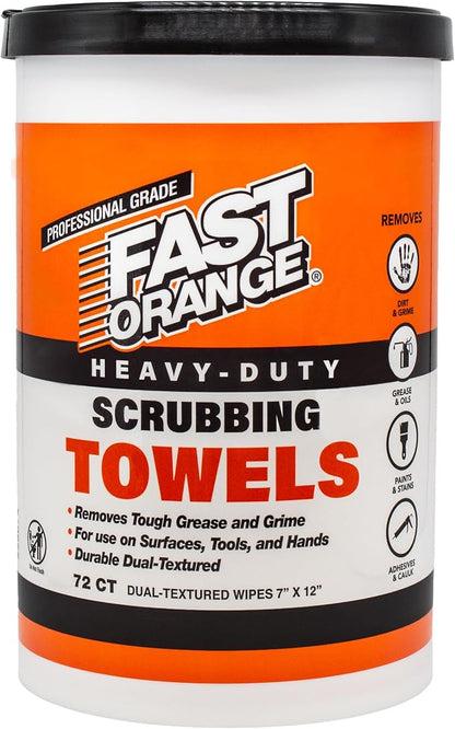 Fast Orange Heavy Duty Scrubbing Towels Removes Tough Grease, Grime, Paint, Resins, Glue and More, for Hands, Tools and Surfaces Without Sticky Residue, 72 ct