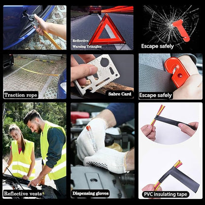 Car Emergency Kit with Jumper Cables Car Safety Kit Vehicle Emergency | Car Emergency Kits for Vehicles Headlamps, Car Glasses Holder, Safety Hammer, Ideal Gifts for New Drivers