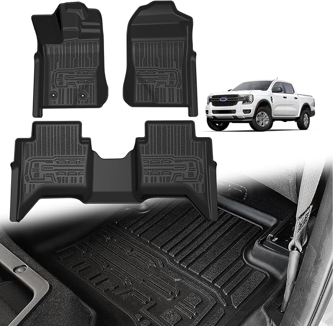 TripleAliners Truck Mat Compatible with 2024-2026 Ford Ranger SuperCrew Accessories, Floor Mats Heavy Duty Custom Fit All Weather Protection TPE Pickup Liner