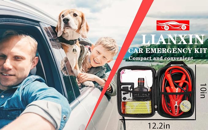 Car Roadside Emergency Kit with Jumper Cables Headlamp Car Safety Kits | Emergency Car Kit Tow Straps, Multi-function Blades, Gloves, Multi-tool Kit, Breakdowns Gifts for New Drivers and Teenagers