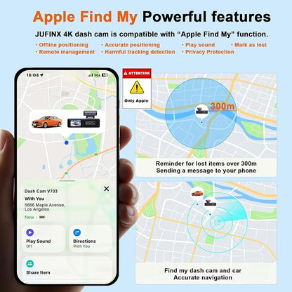 4K Dash Cam Front and Rear,with “Apple Find My” Function, 5.8GHz WiFi Dash Camera for Cars,WDR Night Vision Technology, 170° Wide-Angle Shooting and 24-Hour Parking Monitoring Mode.(V703)