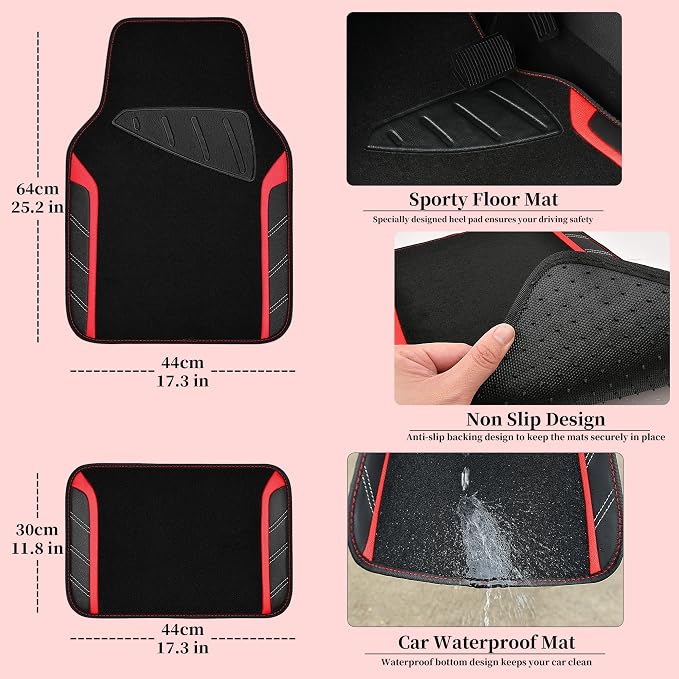 CAR PASS Air Mesh Leather Car Seat Covers for Front Seats, Waterproof Car Floor Mats, Sporty Steering Wheel Cover, Universal Fit for 95% Cars Truck SUV (Black and Red)