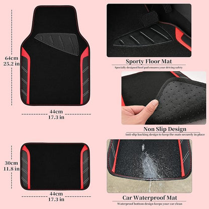 CAR PASS Air Mesh Leather Car Seat Covers for Front Seats, Waterproof Car Floor Mats, Sporty Steering Wheel Cover, Universal Fit for 95% Cars Truck SUV (Black and Red)