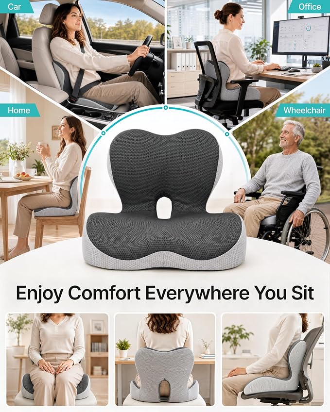 PEGZONE Seat Cushion & Ergonomic Lumbar Support Pillow Memory Foam Cushion for Office Chair, Car, Wheelchair – Orthopedic Pain Relief Cushion for Back, Sciatica, Tailbone, Butt - Gray