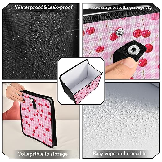 Car Trash Can Organizer Bin with Adjustable Strap for Back Front Seat Console Waterproof Leakproof Collapsible Portable 11 Inch Pink Juicy Checkered Cherry