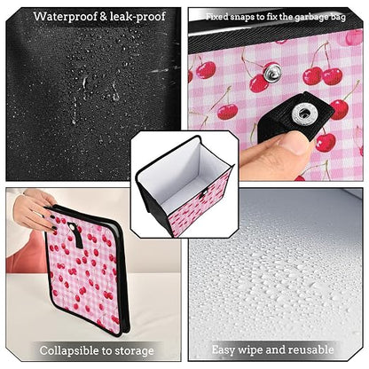 Car Trash Can Organizer Bin with Adjustable Strap for Back Front Seat Console Waterproof Leakproof Collapsible Portable 11 Inch Pink Juicy Checkered Cherry