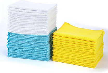Amazon Basics Microfiber Cleaning Cloths, Highly Absorbent, Scratch-Free, Ultra-Soft, Non-Abrasive, Reusable and Washable, 16" x 12", Blue/White/Yellow, 48-Pack