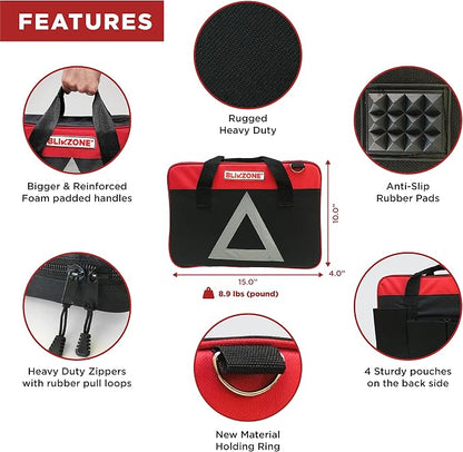 BLIKZONE Red Car Emergency Kit for Vehicles Road Trip, with All the Essentials as Flat Tire Repair, Jumper Cables, Digital Air Compressor, Multitool and All the Car Safety Accessories