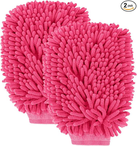 wuyaoyao 2PCS Car Wash Mitt, 10.14"×7.12" Chenille Microfiber Car Wash Mitts, Scratch-Free & Lint-Free, Absorbent Double Sided Clean Glove for Cars Cleaning, Auto Cleaning Supplies (Pink)