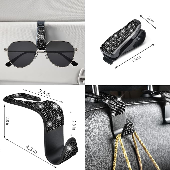 CAR PASS 11 PCS Bling Diamond Car Accessories for Women, Sparkly Rhinestone Steering Wheel Cover, Bling Seat Belt Cushion, Glitter Shift Knob Cover, Car Cup Holder Coaster, Cute Interior Sets Black