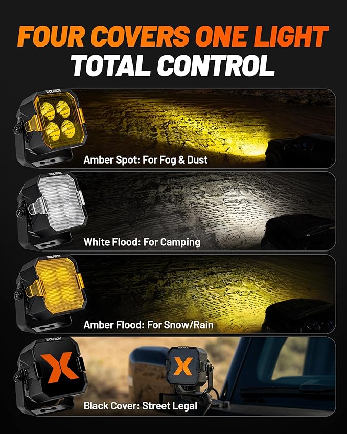 WOLFBOX 3 Inch LED Pods - True Power and Lumens Off Road Ditch Lights DRL with 4 Covers, Professional Fog Lights for Jeep Ford UTV ATV, IP69K Top-Level Waterproof, 2PCS