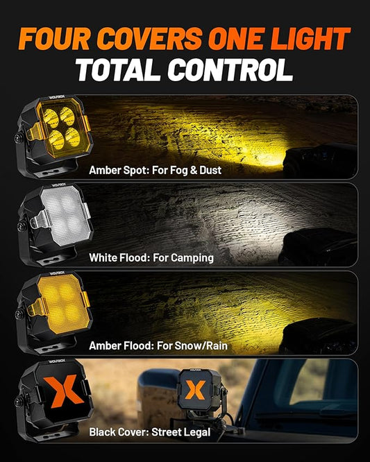 WOLFBOX 3 Inch LED Pods - True Power and Lumens Off Road Ditch Lights DRL with 4 Covers, Professional Fog Lights for Jeep Ford UTV ATV, IP69K Top-Level Waterproof, 2PCS