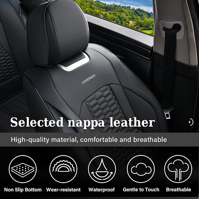Coverado Seat Covers Front Seats, Luxury Leather Black Car Seat Cover, Waterproof Automotive Car Seat Covers Protector Interior Accessories Universal Fit Most Sedans, SUVs, Pick-up Trucks