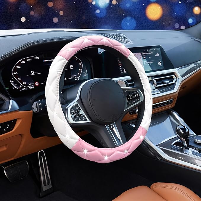 SuperKaKa Pink Steering Wheel Cover, Auto Cute Girly Car Interior Accessories Coquette Aesthetic Decoration Stuff