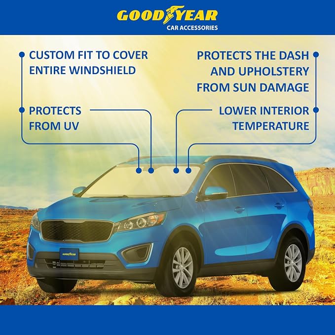 Goodyear Foldable Windshield Sunshade for Kia Sorento 2016-2020, Car Accessories, Sunshade Cover, Sun Shade Car Windshield, Window Sun Blocker - GY008236