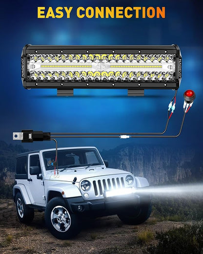 NAOEVO 12 Inch LED Light Bar, 300W 30000LM LED Offroad/Driving/Fog Lights with Wiring Harness Kit, Spot Flood Work Lights for Truck UTV ATV Golf Cart Boat, 1 Pc (White)