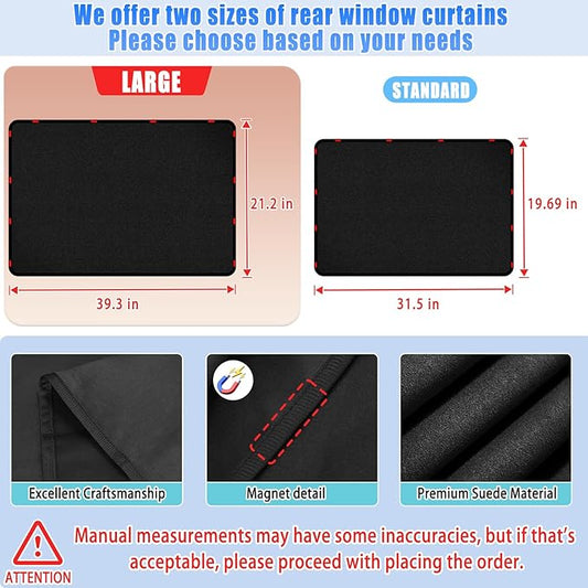 ZATOOTO Car Window Covers for Rear Side Window Curtains Suede Sun Shade for Privacy Blackout for UV Protection, Car Shades for Large Rear Window, 21.2×39.3in