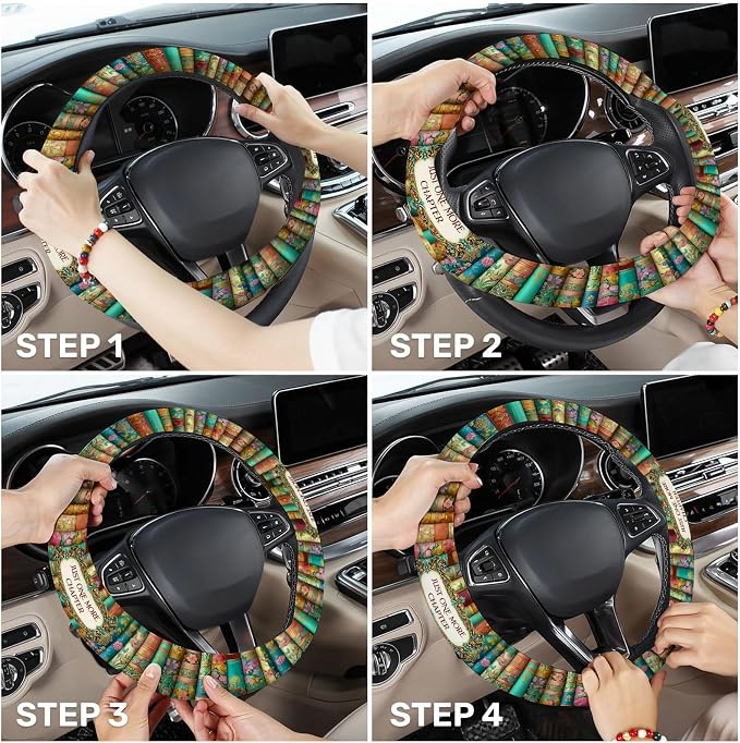 GENANY Reading Books Steering Wheel Cover, Non Slip Polyester Car Wheel Protector for Car SUV Truck, Universal 15 Inch