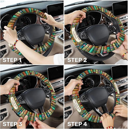 GENANY Reading Books Steering Wheel Cover, Non Slip Polyester Car Wheel Protector for Car SUV Truck, Universal 15 Inch