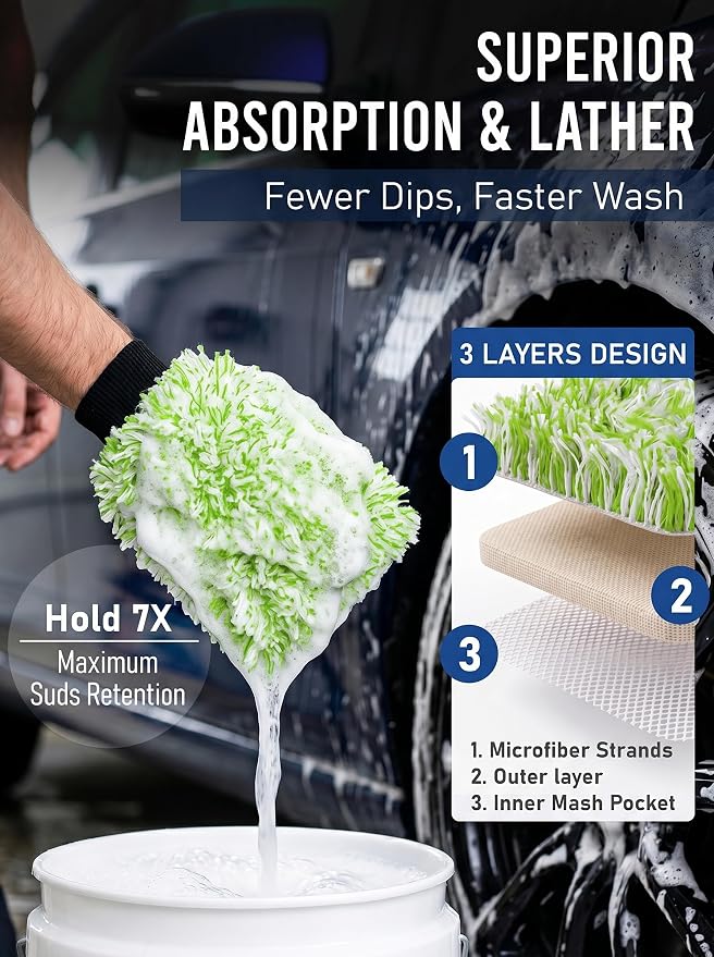 TAKAVU Car Wash Mitt Scratch Free, 2 Pack Microfiber Wash Mitts for Auto Detailing, Soft Lint Free Cleaning Gloves, Holds Sudsy Water, Machine Washable (Green & White)