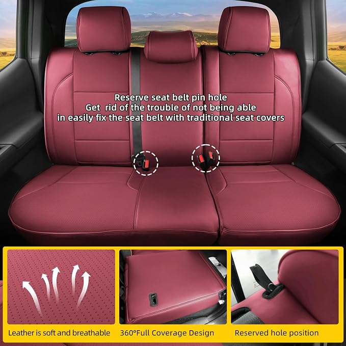 Lolcar Custom Fit Tacoma Car Seat Covers for Select Toyota Tacoma 2016 2017 2018 2019 2020 2021 2022 2023 Double Cab/Crew Cab -Full Set,Leather (Burgundy