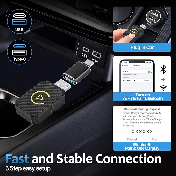 Mini Wireless CarPlay Adapter for iPhone, Convert Wired to Wireless Apple CarPlay Adapter, Plug & Play for iPhone iOS 12+ / Android 11+& Cars from 2016+