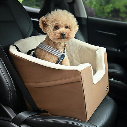 Amazon Basics Dog Car Seat Booster for Small Dogs up to 25lbs, Washable Removable Cover, Safety Leash, Elevated View for Window, 18" x 18" x 16", Tan
