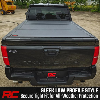 Rough Country Hard Tri-Fold Flip Up Tonneau Cover for Toyota Tacoma (2024-2026) - Flush Aluminum Bed Cover, Fits 6' Bed w/Utility Rail System
