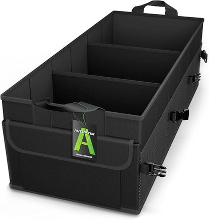 AUTOPTIM Car Trunk Organizer - 85L Collapsible Car Organizer with Non Slip Bottom & Multiple Pockets for Groceries, Trunk Storage with Base Panel for SUV Sedan Van, 3 Compartments (Black, Large)