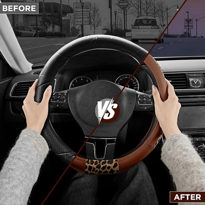 Road Comforts Steering Wheel Cover - Flat Bottom Wheel Cover Made with PVC Leather and Leopard Fabric - Universal Fit for 15-Inch D-Shaped Automotive Steering Wheels (Brown Color)