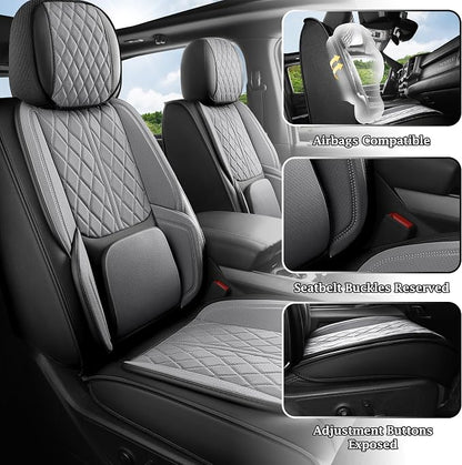 Custom Fit Chevy Silverado GMC Sierra 1500 2007-2026 2500/3500 HD Crew Cab Full Set Car Seat Covers - 5 Pack, Premium Faux Leather Truck Seat Protector with Airbag Compatible Design, BlackGrey